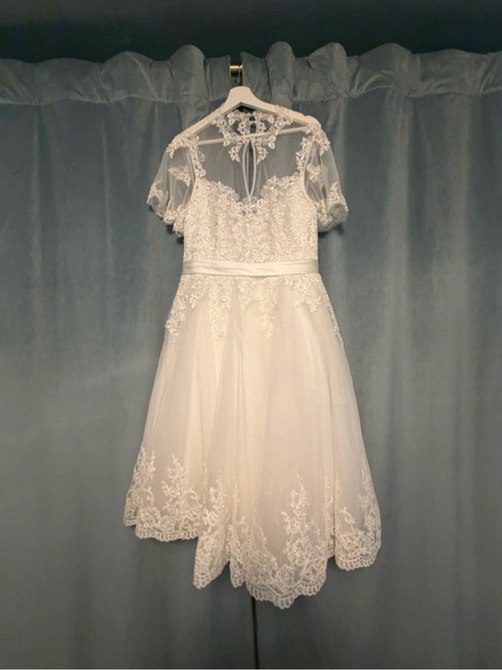 Unique Vintage Lace Tea-Length Bridal Dress with Sheer Short Sleeves - Ivory